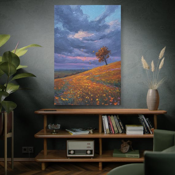 Last Golden Light, Lone Tree Wildflower Field Matte Canvas Print, Landscape Art, Rustic Wall Art, Cozy Home/Office Decor.
