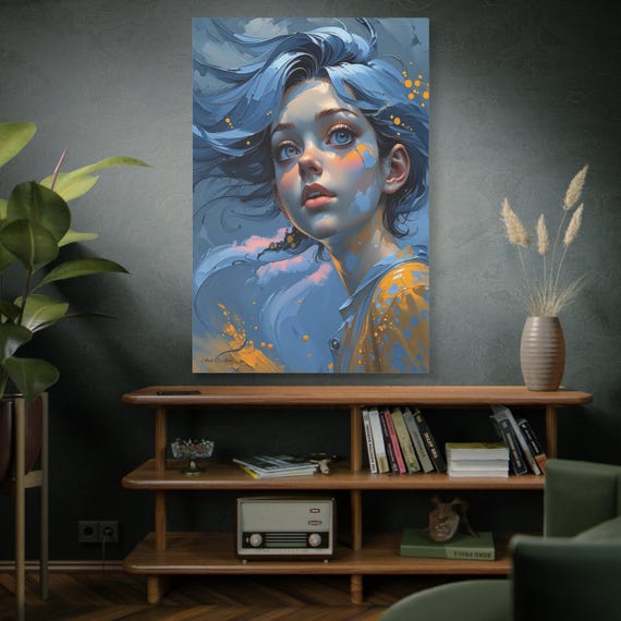 Aura of the Wind, Blue-Haired Girl Portrait Matte Canvas, Wall Decor, Blue Aesthetic, Living Room Art,  Modern Portrait.