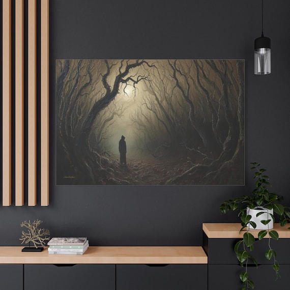 Dark Forest Canvas Print - Gothic Home Decor - Spooky Woods Art - Impasto Style Landscape - Mysterious Hooded Figure - Dark Fantasy Wall Art