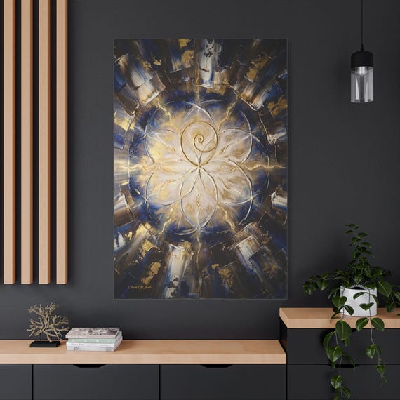 Sacred Geometry Lotus Canvas - Golden Spiral Mandala - Blue & Gold Impasto Print - Spiritual Zen Wall Art - Meditation Decor