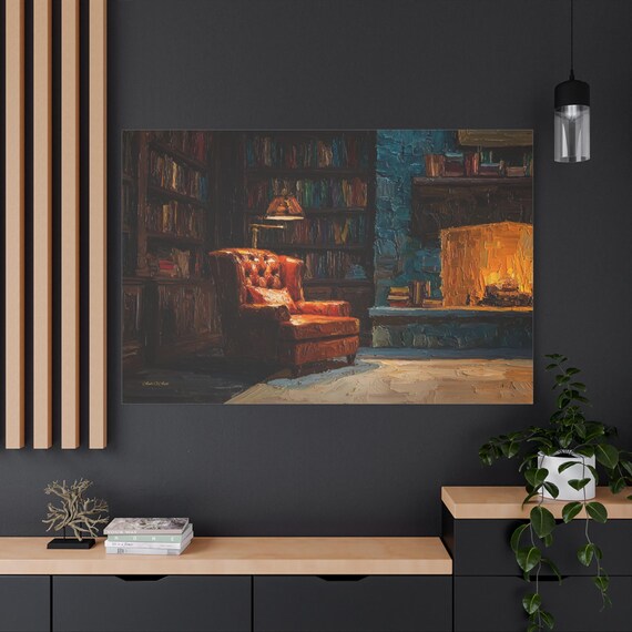 Cozy Library Canvas Print - Dark Academia Wall Art - Fireplace & Leather Chair Canvas - Book Lover Decor - Impasto Reading Nook Art
