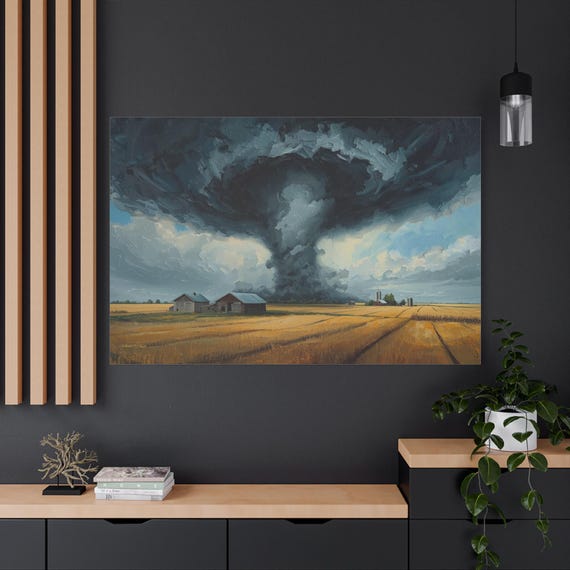 Dramatic Tornado Canvas Print - Storm Chaser Wall Art - Impasto Farmhouse Landscape - Weather Enthusiast Gift - Nature's Fury Decor