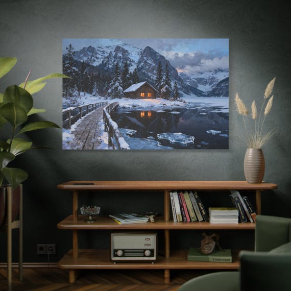 Winter Sanctuary, Rustic Cabin Decor, Snowy Landscape, Mountain Art, Cozy Home Decor, Frozen Lake,  Farmhouse Winter, Alpine Scenery