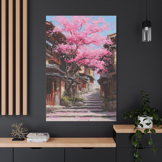 Kyoto Cherry Blossom Canvas Print - Japanese Street Art - Pink Sakura Tree Painting - Impasto Style Spring Decor - Zen Landscape Gift