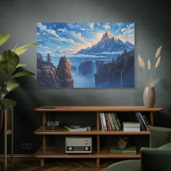 Celestial Mountain Peak - Fantasy Waterfall Landscape Canvas Print