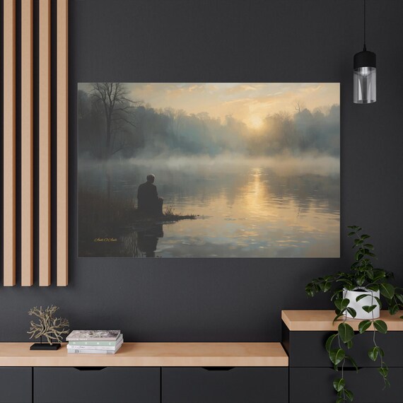 Solitary Figure at Misty Lake Matte Canvas | Foggy Sunrise Landscape Wall Art Peaceful Nature Print - Mental Health Decor - Zen Gift