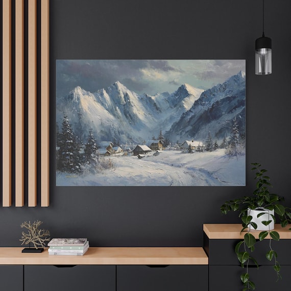 Snowy Mountain Village Canvas - Impasto Winter Landscape - Cozy Cabin Decor - Ski Lodge Wall Art - Alpine Scenery - Rustic Winter Print