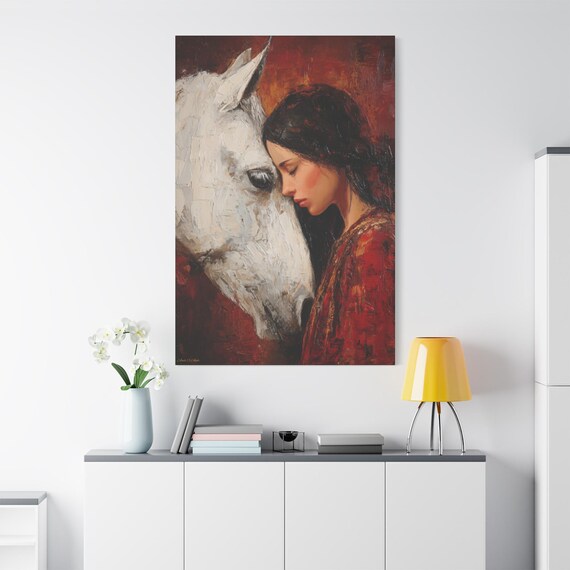 Ember Bond, Canvas Wall Art: Serene Horse and Woman Portrait, Home Decor, Gift for Horse Lovers, Art for Animal Lovers.
