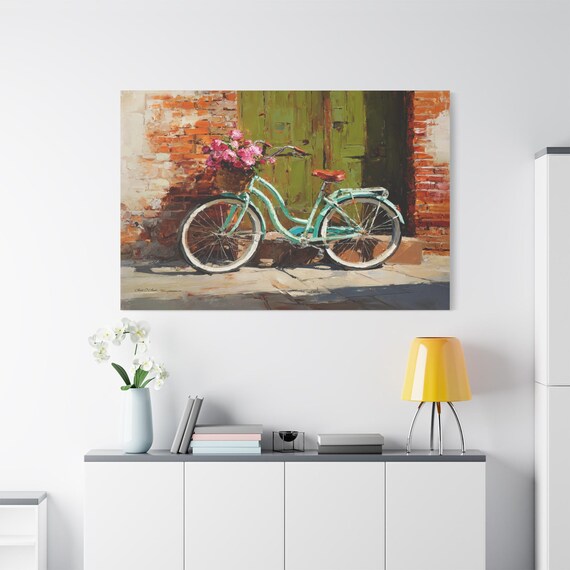 Vintage Bicycle Canvas Print - Romantic Floral Wall Art - Mint Green Bike Canvas - Shabby Chic Decor - Cottagecore Art - Impasto Print