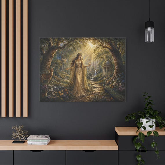 Enchanted Forest Goddess Canvas - Mother Nature Wall Art - Magical Woodland Canvas - Impasto Fairy Tale Decor - Golden Hour Fantasy Art