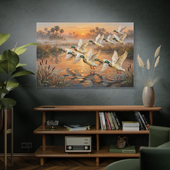 Coastal Dawn Flight, Mallard Ducks at Sunset Matte Canvas Print. Wildlife Canvas Print, Sunrise Landscape, Marsh Scene Art, Ducks in Flight.