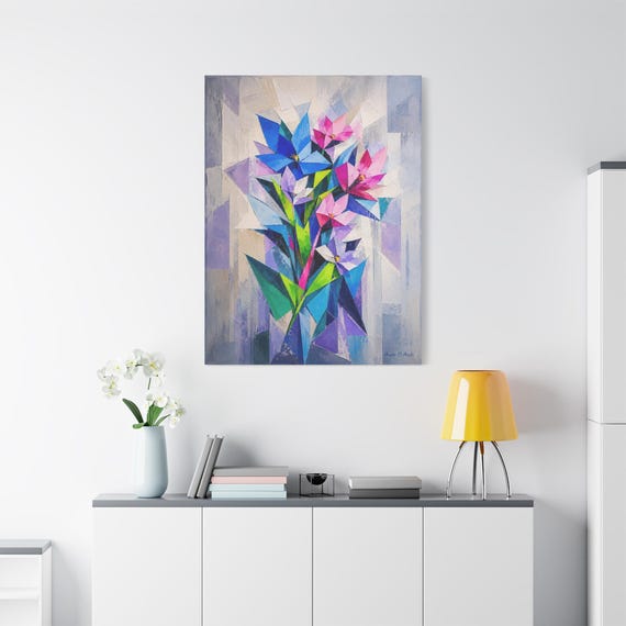 Abstract Geometric Floral Canvas Print - Cubist Flower Wall Art - Bright Botanical Decor - Impasto Jewel Tone Print - Modern Spring Art