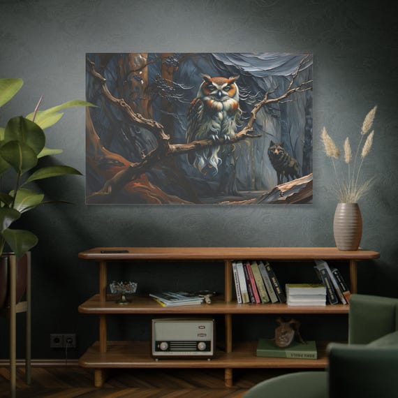 Guardians of the Twilight Forest, Mystical Owl in Moonlit Forest Canvas, Forest Art, OwlCanvas, Moody Decor, Gallery Wrap, Mystic Owl.