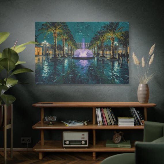 Rainlight Promenade, Matte Canvas Print, Palm Tree Artwork, Home Decor, Nighttime Fountain, Living Room Wall Art, Tropical Vibes