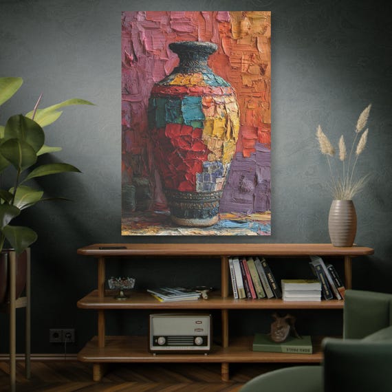 Canvas Wall Art, Patchwork Vessel, Colorful Vase, Boho Home Decor, Textured Artwork - Matte Canvas