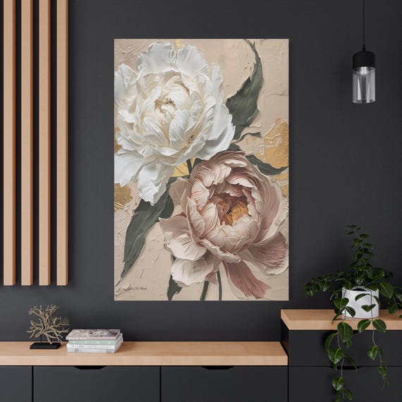 Impasto Peony Canvas Print - Textured Floral Wall Art - Pink and White Flower Print - Romantic Bedroom Decor - Modern Botanical Art