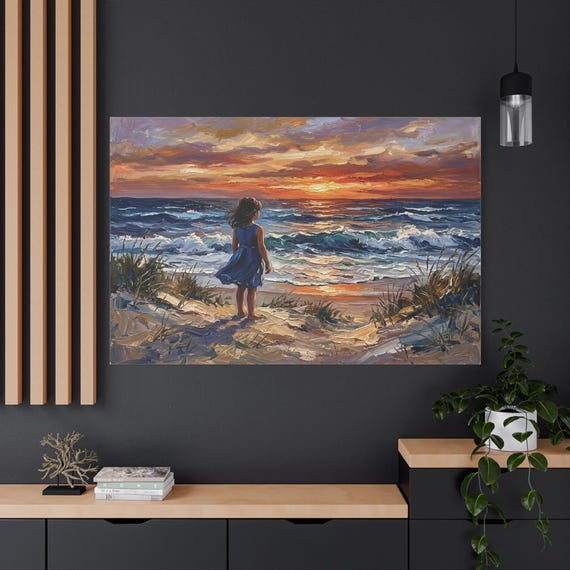 Girl on Beach Canvas Print - Sunset Ocean Wall Art - Impasto Coastal Print - Nostalgic Beach House Decor - Impressionist Seascape Art