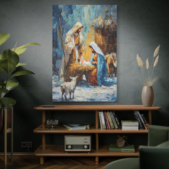 A Silent Night's Embrace, Nativity Scene Matte Canvas Print, Christmas Art,  Nativity Canvas, Christian Decor, Faith Wall Art.