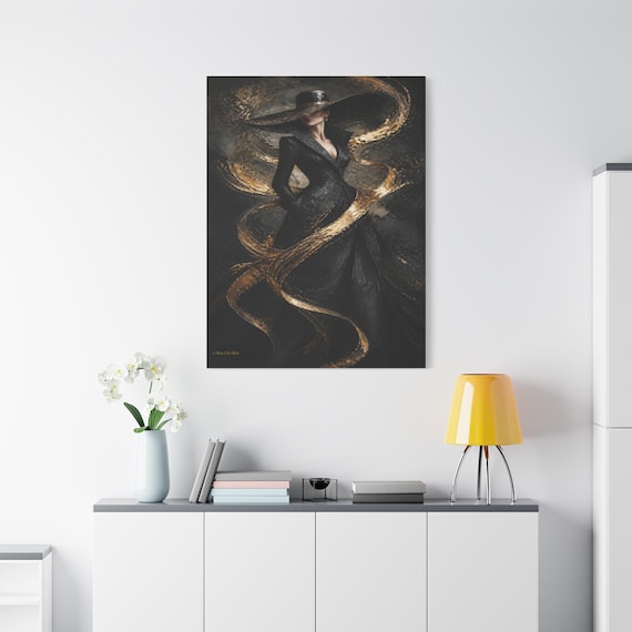 Mysterious Fashion Woman Canvas Print - Black and Gold Impasto Wall Art - Couture Portrait Decor - Dark Glam Figure Canvas - Chic Room Art