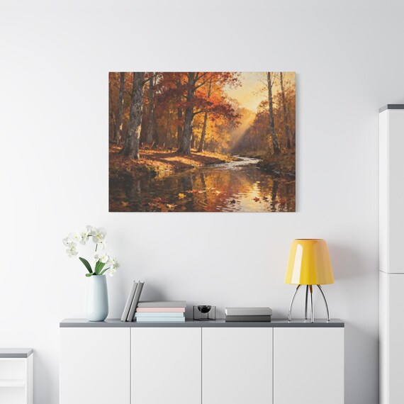 Autumn Landscape Canvas Wall Art: Deer at Golden Stream