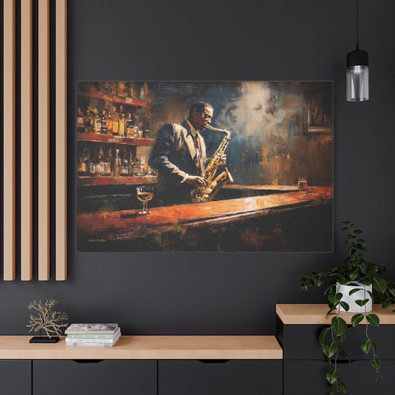 Jazz Club Canvas Print - Saxophone Player Art - Impasto Music Print - Moody Bar Decor - Speakeasy Wall Art - Musician Portrait