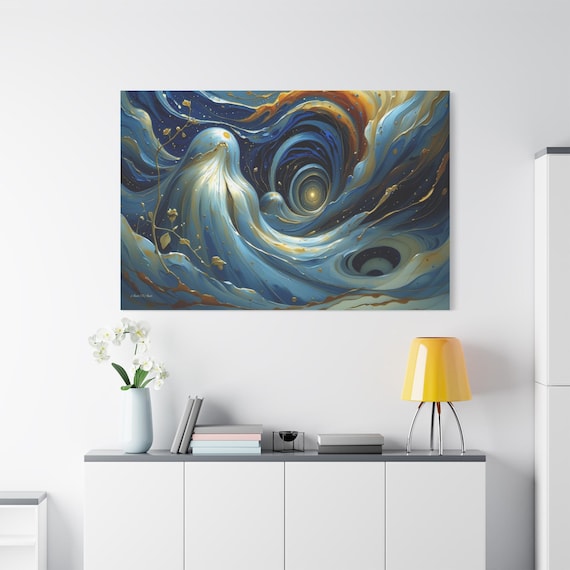 Whispers of the Cosmos, Ethereal Cosmic Wave, Abstract Canvas Art, Blue and Gold Art, Celestial Print, Swirl Abstract, Modern Art Print