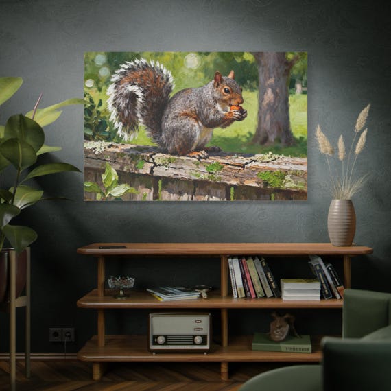 Sunlit Acorn, Grey Squirrel Painting Canvas print | Stretched Canvas, Animal Canvas, Woodland Decor, Rustic Canvas, Wildlife Art.