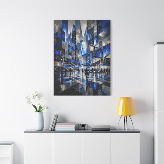 Abstract Cityscape Canvas Print - Blue Geometric Wall Art - Cubist Urban Skyline - Modern Impasto Print - Corporate Office Decor
