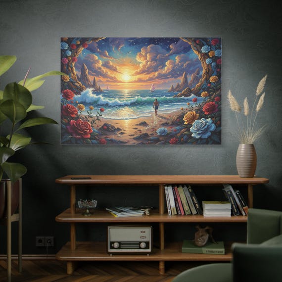 Where Roses Meet the Sea, Beach Canvas, Tropical Sunset, Whimsical Art, Romantic Art, Surreal Beach, Living Room Art.