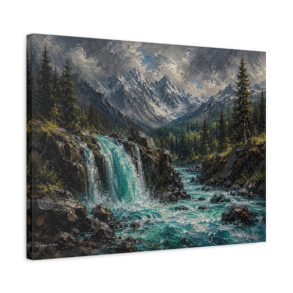 Mountain River Canvas Print - Alpine Waterfall Wall Art - Heavy Impasto Nature Print - Modern Cabin Decor - Moody Wilderness Canvas