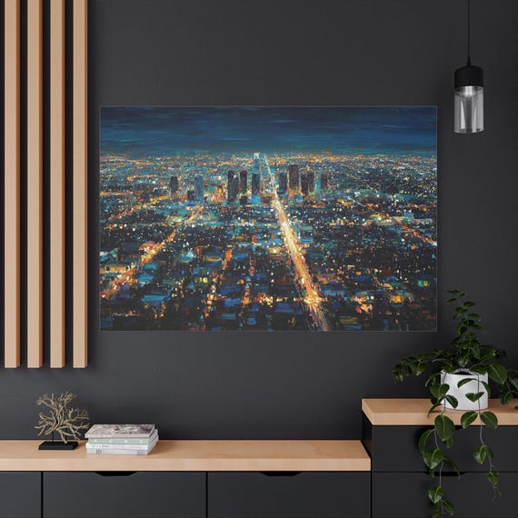 Aerial Cityscape Night Canvas - Impasto Skyline Print - Urban Lights Wall Art - Modern Office Decor - Neon Metropolis Canvas - City Art