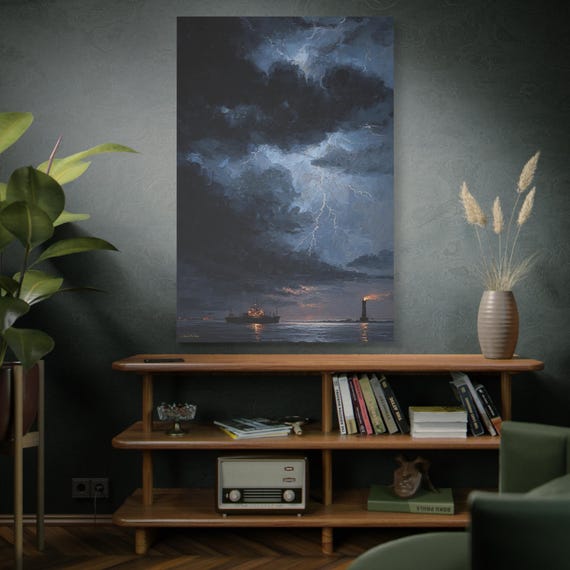 Tempest at the Lighthouse,  Art, Stormy Sea Lightning Painting, Ocean Wall Decor, Nautical Home Decoration, Coastal Artwork.