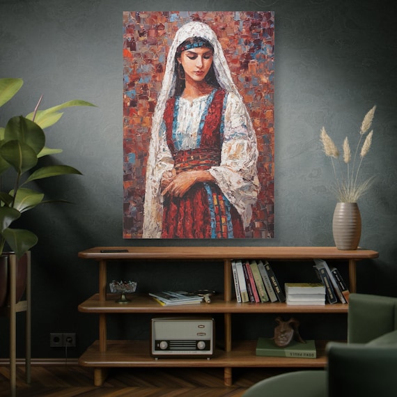 Whisper of Tradition, Artistic Stretched Canvas Wall Art, Cultural Home Decor, Mediterranean Woman Portrait, Unique Gift for Art Lovers.