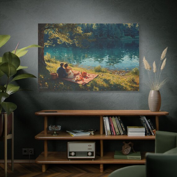 Emerald Waters Picnic Canvas Print, Post-Impressionism, Couple Landscape