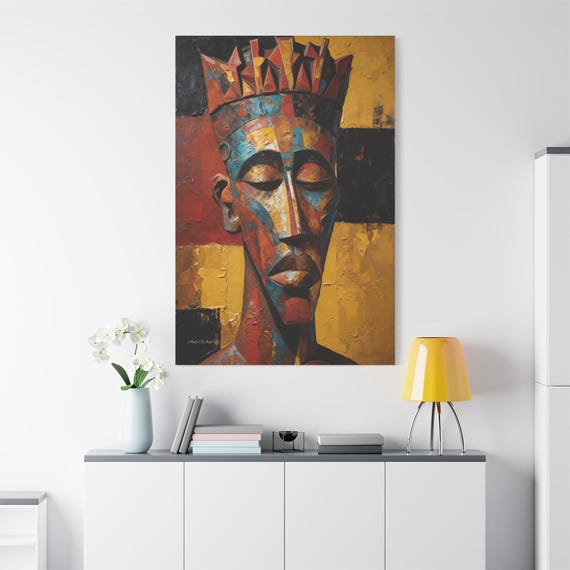 African King Canvas Print - Abstract Tribal Portrait - Modern Impasto Style Wall Art - Geometric Royal Figure - Cultural Home Decor