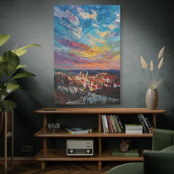 Anatolian Sunset, Colorful Sunset Village Matte Canvas Print, Vibrant Landscape, Home Accent Art, Colorful Decor, Boho Art.