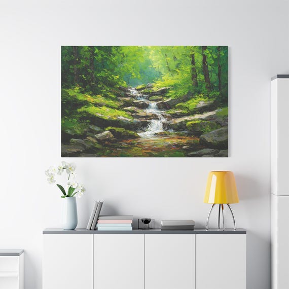 Lush Forest Creek Canvas - Flowing Stream Canvas  - Woodland Nature Wall Art - Mossy River Print - Green Room Decor - Cabin
