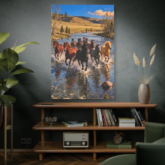 Running Wild Horses Canvas - River Crossing Art - Western Landscape Print - Impasto Mustang Print - Cowboy Wall Decor - Equestrian Gift