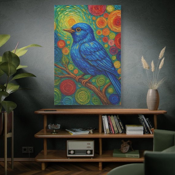 The Blue Serenade, Blue Bird Painting Canvas Print, Matte Stretched Wall Art,Modern Wall Art, Boho Wall Art, Living Room Art.