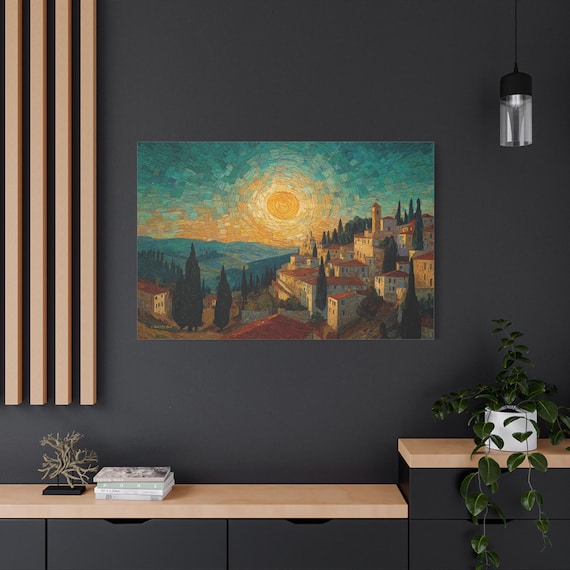 Tuscan Village Canvas Print - Swirling Sun Landscape Art - Impasto Mediterranean Decor - Post Impressionist Print - Italy Wall Art