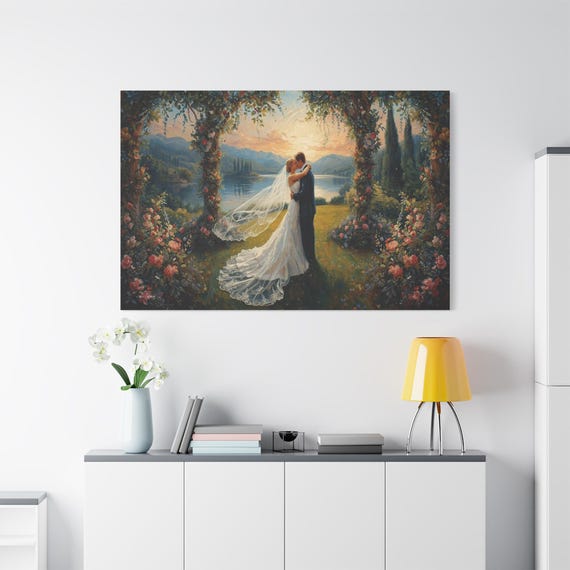 Romantic Wedding Kiss Canvas Print - Impasto Style Couple Art - Floral Garden Landscape - Anniversary & Bridal Shower Gift -Fairy Tale Decor