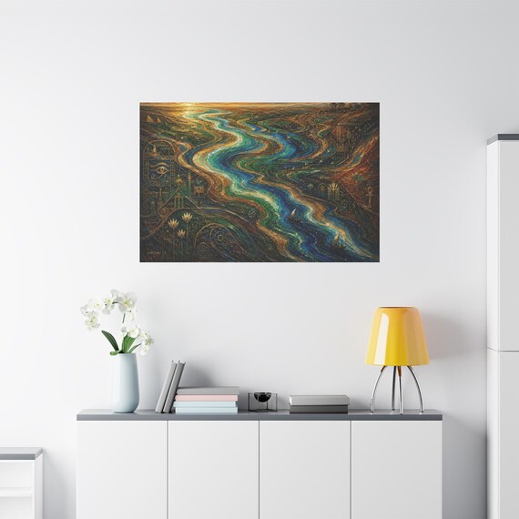 Abstract River Canvas Print - Ancient Egypt Wall Art - Nile Landscape Canvas - Impasto Egyptian Decor - Maximalist Boho Fine Art Canvas