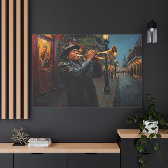 French Quarter Serenade, Jazz Trumpeter Street Scene Canvas | Matte Stretched Wall Art