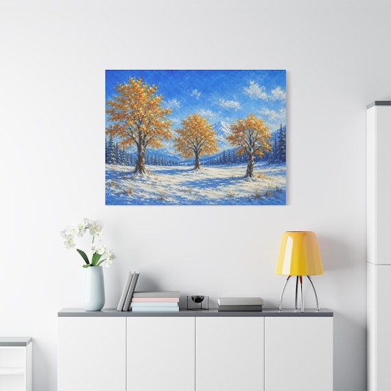 Winter Landscape Canvas Print - Snowy Forest Wall Art - Impasto Sunset Print - Cozy Cabin Decor - Majestic Pine Tree Wilderness Canvas