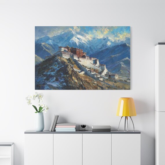 Mountain Palace Canvas Print - Impasto Tibet Landscape Canvas - Majestic Monastery Art - Zen Wall Decor - World Travel Scenery