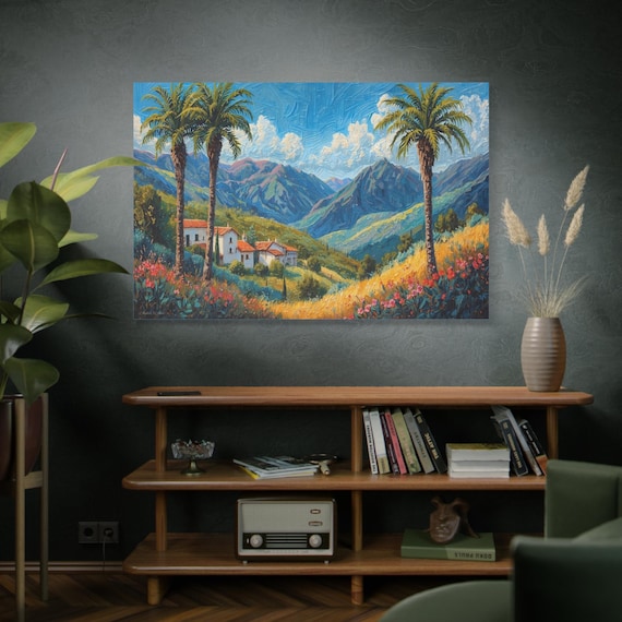 Coastal Impasto Vista, Mediterranean Villa Landscape Canvas | Stretched Matte Canvas Print, Landscape Canva, Living Room Art.