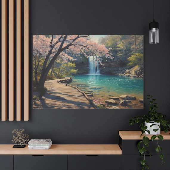Serene Waterfall Canvas Print - Cherry Blossom Landscape Art - Wooden Boardwalk Nature Print - Zen Garden Wall Decor - Tranquil Pond Canvas