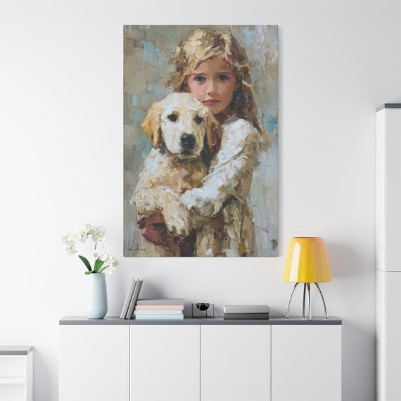 First Best Friend, Canvas Wall Art, Girl with Puppy, Home Decor, Animal Lover Gift, Kids Room Decoration, Heartwarming Artwork.