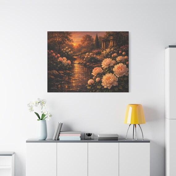Romantic Garden Canvas Print - Peony Flower Wall Art - Golden Hour Landscape Print - Cottagecore Decor - Impasto Floral Sunset Canvas