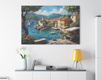 Pode incluir: Uma impressão em tela de uma cena de vila costeira. A obra retrata edifícios coloridos, barcos e uma baía calma sob um céu azul com nuvens fofas. Uma árvore emoldura o lado esquerdo, e o estilo geral lembra a pintura impressionista.